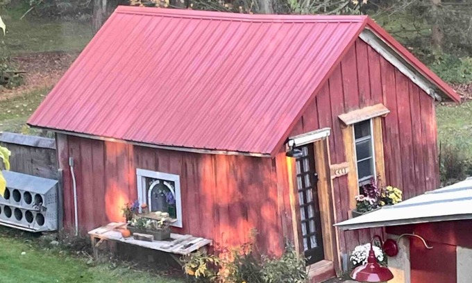 Trumansburg Cabin | The Coop at CrowNestFarm! Communal Rec Room-Bathroom-Kitchenette