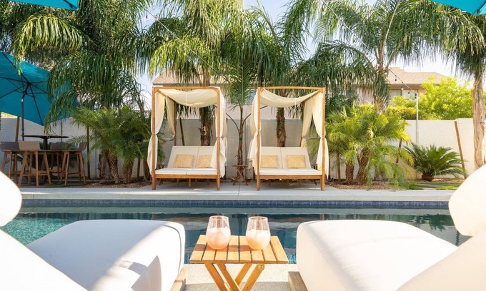 East Mesa Villa | Tropical Retreat with hot tub, heated pool, misters & fire pit
