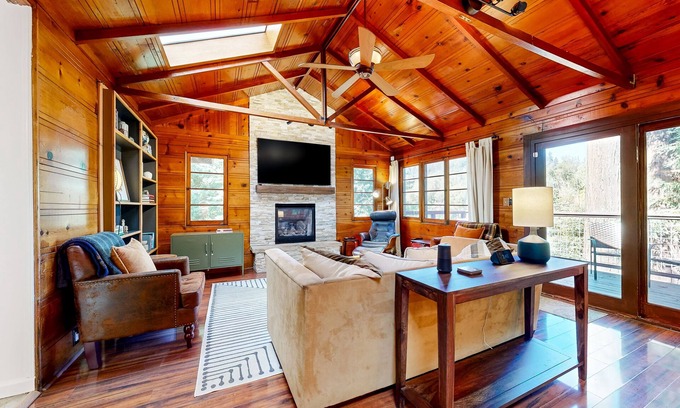 Forestville House | Ultra-private riverfront retreat with private hot tub & multi-tiered deck