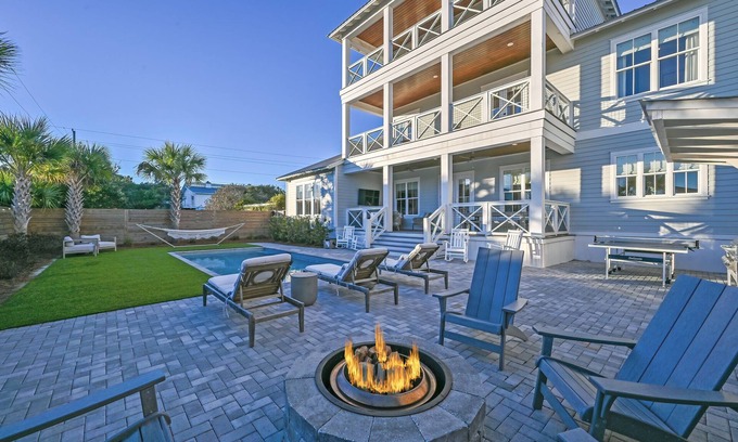 Dune Allen Beach House | Walk to Beach! Private Heated Pool, Golf Cart, Bikes, Fire Pit & More!