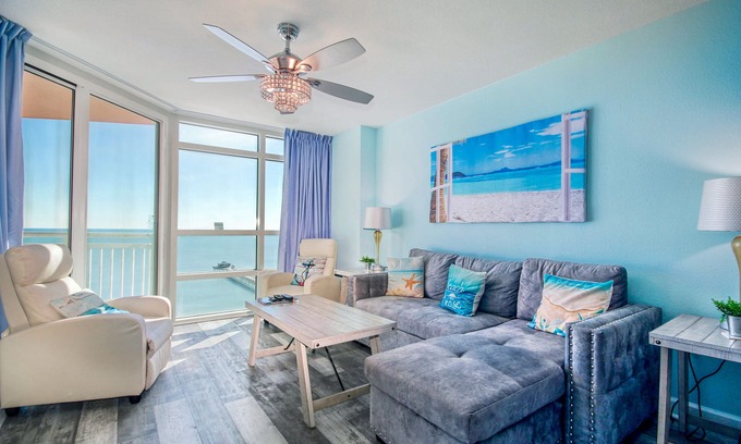 Cherry Grove Beach Condo | Waterfront condo with a balcony, heated pool, hot tub, W/D, gym, & beach access