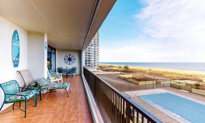 North Ocean City Condo | Waterfront condo with spacious balcony, W/D, & pool