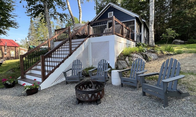 Lunenburg Cabin | Waterfront VT Camp - enjoy coffee on the porch or cocktail by the lakeside fire
