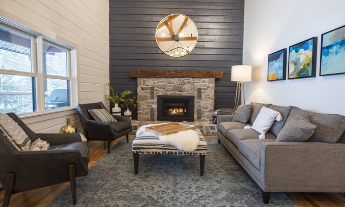 Jericho House | Woodlands: Luxury Vermont log cabin with sweeping views of field and forest.