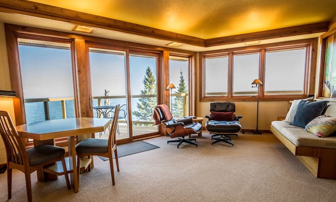 Grand Marais Apartment | Terrace Point 11A is a Frank Lloyd Wright inspired condo overlooking Lake Superior near Grand Marais, MN